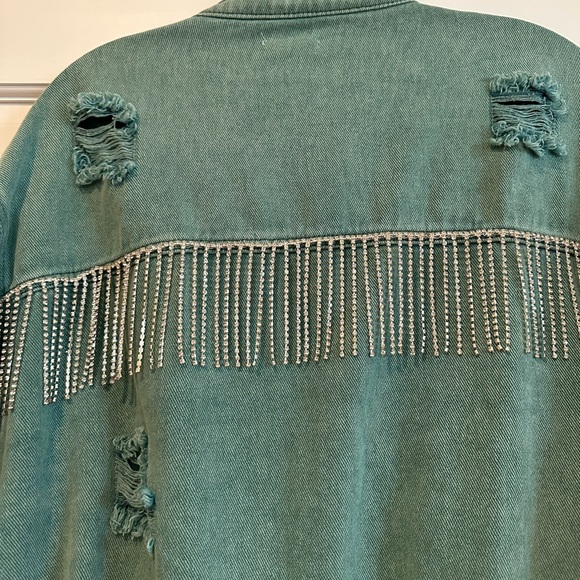 Distressed, rhinestone, fringe, jean jacket - Picture 4 of 4